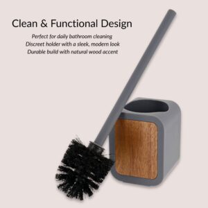 Disassembled gray toilet brush set with acacia wood design