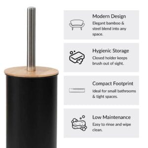 Black toilet brush details with modern design, hygienic storage, compact footprint, low maintenance