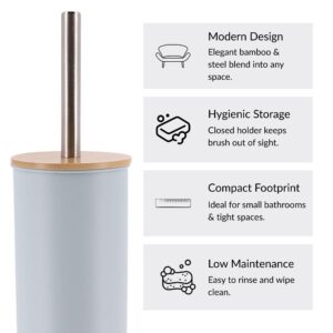 Light blue toilet brush details with modern design, hygienic storage, compact footprint, low maintenance