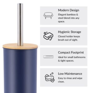 Navy blue toilet brush details with modern design, hygienic storage, compact footprint, low maintenance