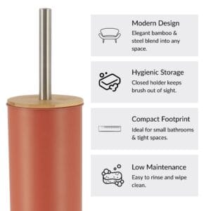 Terracotta toilet brush details with modern design, hygienic storage, compact footprint, low maintenance