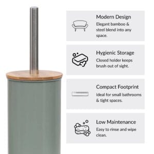 Green toilet brush details with modern design, hygienic storage, compact footprint, low maintenance