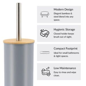 Gray toilet brush details with modern design, hygienic storage, compact footprint, low maintenance