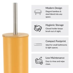 Mustard yellow toilet brush details with modern design, hygienic storage, compact footprint, low maintenance