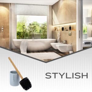 Banner image showing light blue toilet brush with bamboo handle and holder in modern bathroom setting