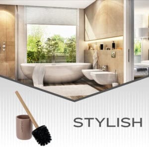 Banner image showing cappuccino toilet brush with bamboo handle and holder in modern bathroom setting