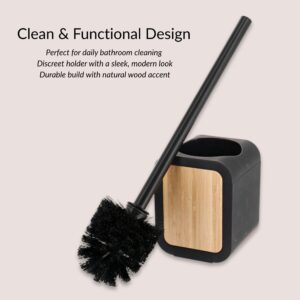 Disassembled black toilet brush with bamboo wood accent