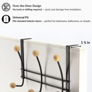"Black over-the-door hook rack installation callout showing no-drill, universal fit for standard doors"
