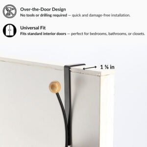 "Installation guide showing matte black over-the-door hook with 1⅝ in gap fit on standard door, no tools required"