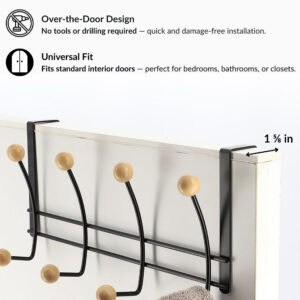 "Installation guide showing black 4-hook rack fitting 1⅝ in standard door, no tools required"