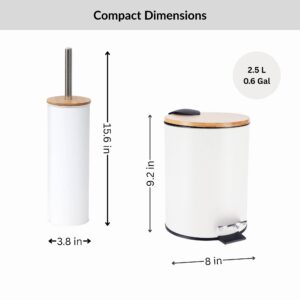 Size chart showing trash bin and toilet brush dimensions in inches and gallon capacity, highlighting compact design