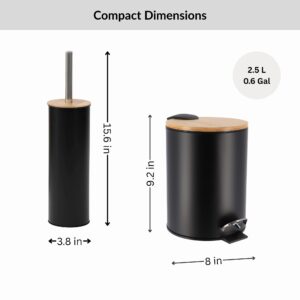 Size chart showing black trash bin and toilet brush dimensions in inches and gallon capacity