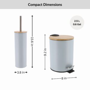 “Bathroom set dimensions showing size of light blue trash can and toilet brush”