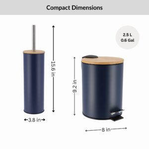 Size chart showing navy blue trash bin and toilet brush dimensions in inches and gallon capacity