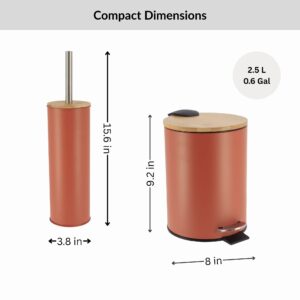 Size chart showing terracotta trash bin and toilet brush dimensions in inches and gallon capacity