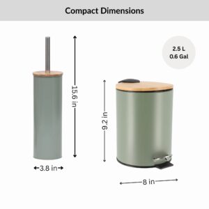 Size chart showing green trash bin and toilet brush dimensions in inches and gallon capacity