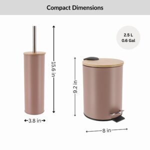 Size chart showing cappuccino trash bin and toilet brush dimensions in inches and gallon capacity