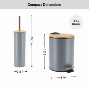 Size chart showing gray trash bin and toilet brush dimensions in inches and gallon capacity