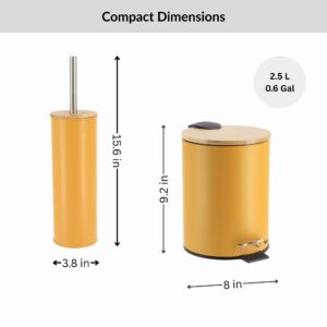 Size chart showing mustard yellow trash bin and toilet brush dimensions in inches and gallon capacity