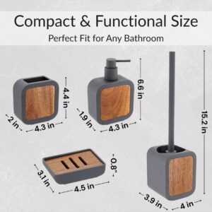 Product dimensions graphic showing compact sizes of each bathroom accessory in the gray and acacia set