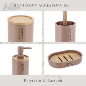 Close-up view of cappuccino bathroom accessories showing cotton box, soap dish, lotion dispenser, and brush