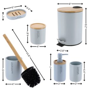 Dimensions for each item in 6-piece bathroom set including bin, brush, pump, soap dish, tumbler, and jar