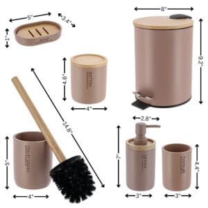 Dimensions of each piece in cappuccino 6-piece set including bin, brush, tumbler, jar, pump, and soap tray