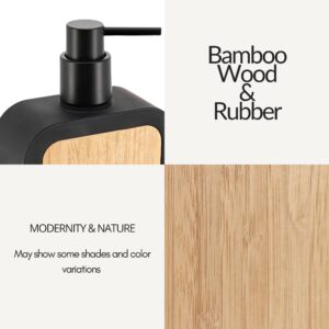 Closeup of soap dispenser’s bamboo wood and rubber materials with natural variations