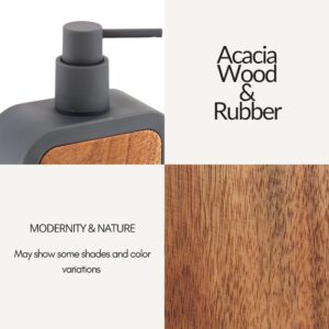 Closeup of soap dispenser’s acacia wood and gray rubber materials with natural variations