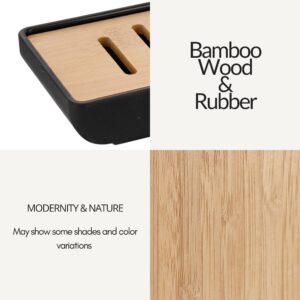 Soap dish material closeup: bamboo wood insert with black rubber base