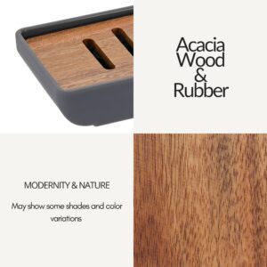 Soap dish material closeup: acacia wood insert with gray rubber base