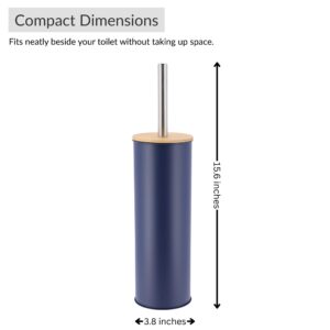 Navy blue toilet brush size chart showing height and width, fits small spaces
