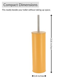 Mustard yellow toilet brush size chart showing height and width, fits small spaces