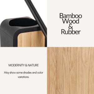Material close-up: black rubber with bamboo wood details