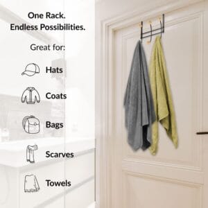 "Matte black over-the-door hook rack holding gray and yellow towels with uses listed: hats, coats, bags, scarves, towels"