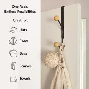 "Matte black over-the-door hook holding bag on white door, listed uses: hats, coats, bags, scarves, towels"