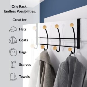"Black over-the-door hook rack holding towels and coat on white door, listed uses: hats, coats, bags, scarves, towels"