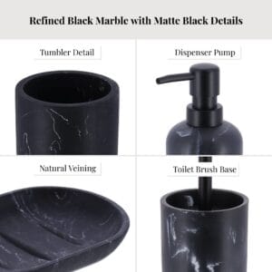 Close-up details of marble texture and black accents