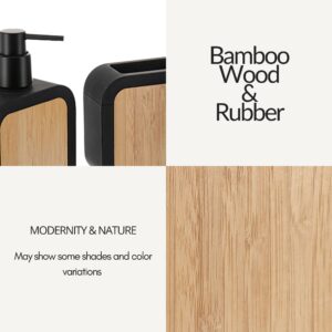 Material close-up highlighting bamboo wood panel with natural grain patterns and rubber base