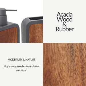 Material close-up highlighting acacia wood panel with rich wood grain variations and gray rubber base