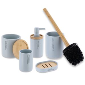 Full 5-piece bathroom accessory set in light blue with bamboo tops and handle on white background