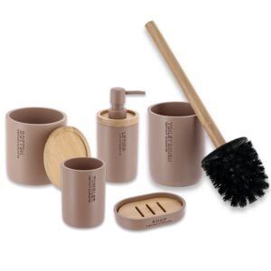 Full 5-piece cappuccino bathroom set with bamboo elements on white background