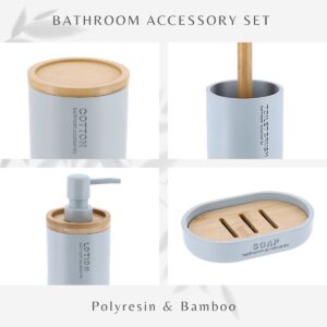 Polyresin and bamboo bathroom accessories close-up highlighting material and labeled surface