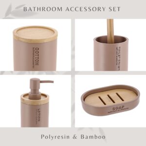 Close-up of cappuccino polyresin and bamboo bathroom set highlighting surface texture and materials