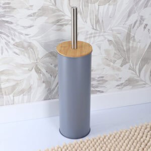 Toilet brush holder in gray color in modern bathroom setting