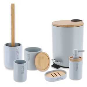 Complete 6-piece bathroom set in light blue with bamboo accents neatly arranged on white background