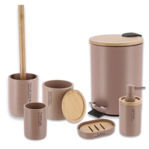 Full cappuccino bathroom accessory set with trash bin shown front-right on clean white background