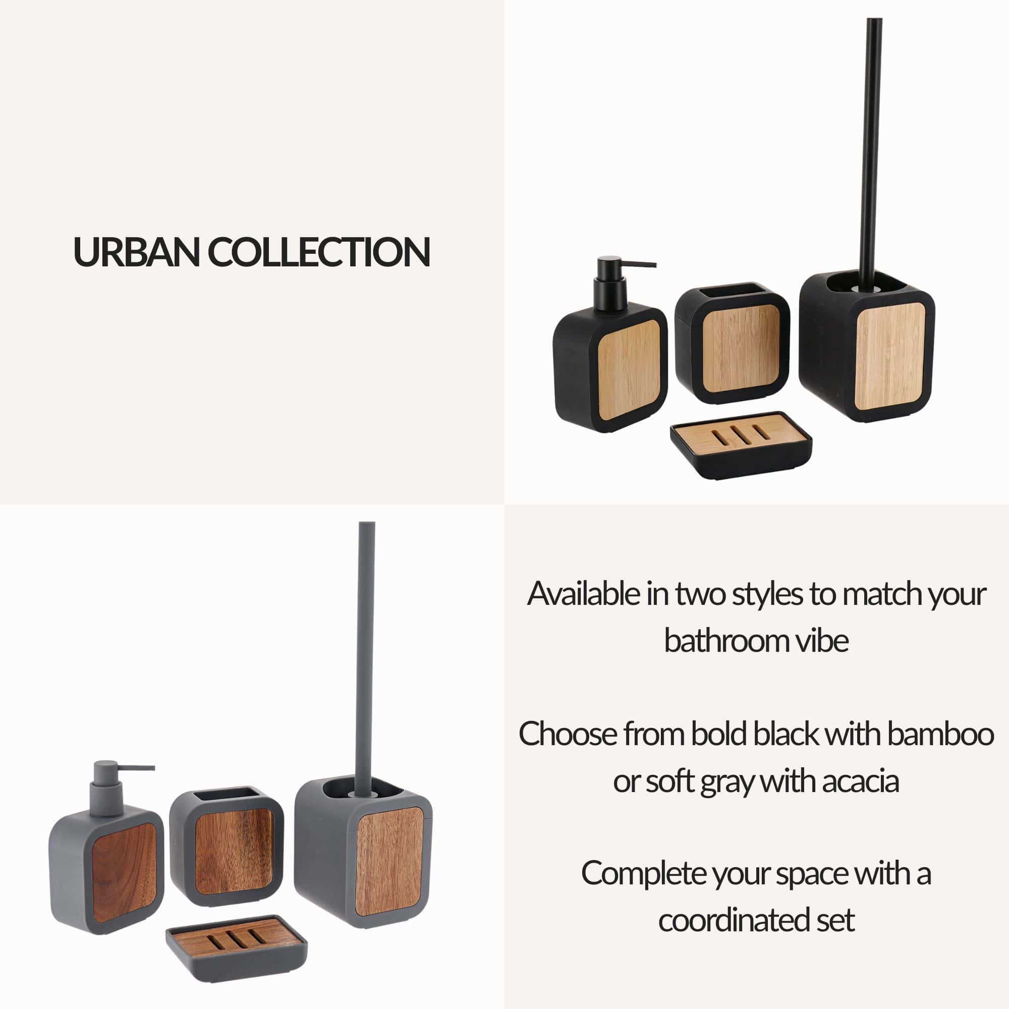 Urban Collection product overview: bold black with bamboo or soft gray with acacia