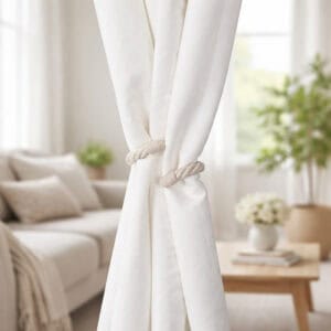 White rope tieback holding sheer curtain in a bright living room