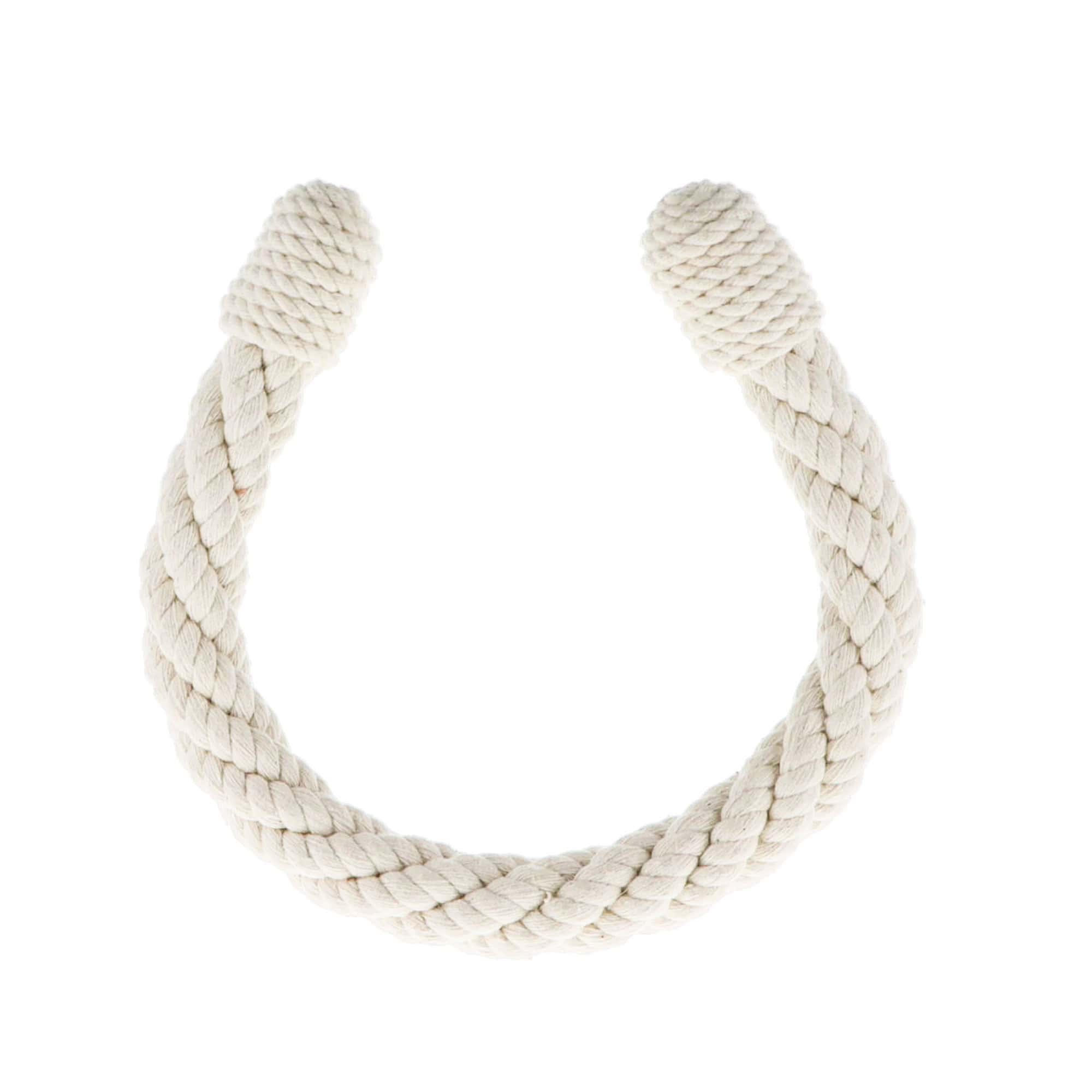 "Chalk white twisted cotton rope curtain tieback, U-shaped, on white background"